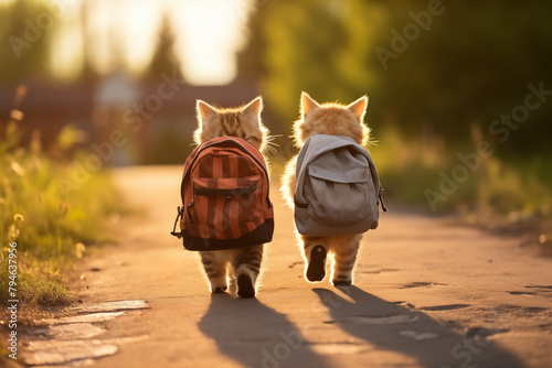 Kittens with backpacks stroll down a path in warm sunlight.