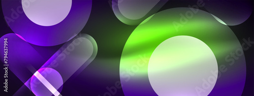 A vibrant mix of purple and green circles, with a striking white center, set on a bold black backdrop. This art piece captures the essence of colorfulness and symmetry with its patterned design