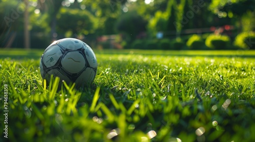 Close-up of soccer ball on the lush green grass