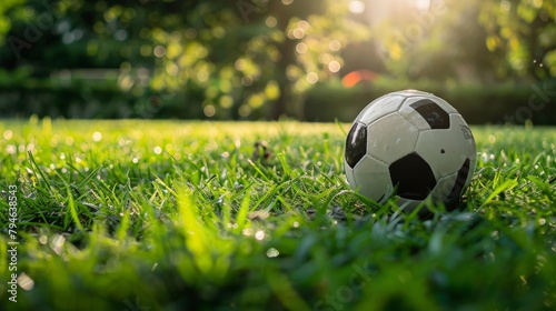 Fototapeta Naklejka Na Ścianę i Meble -  Close-up of soccer ball on the lush green grass