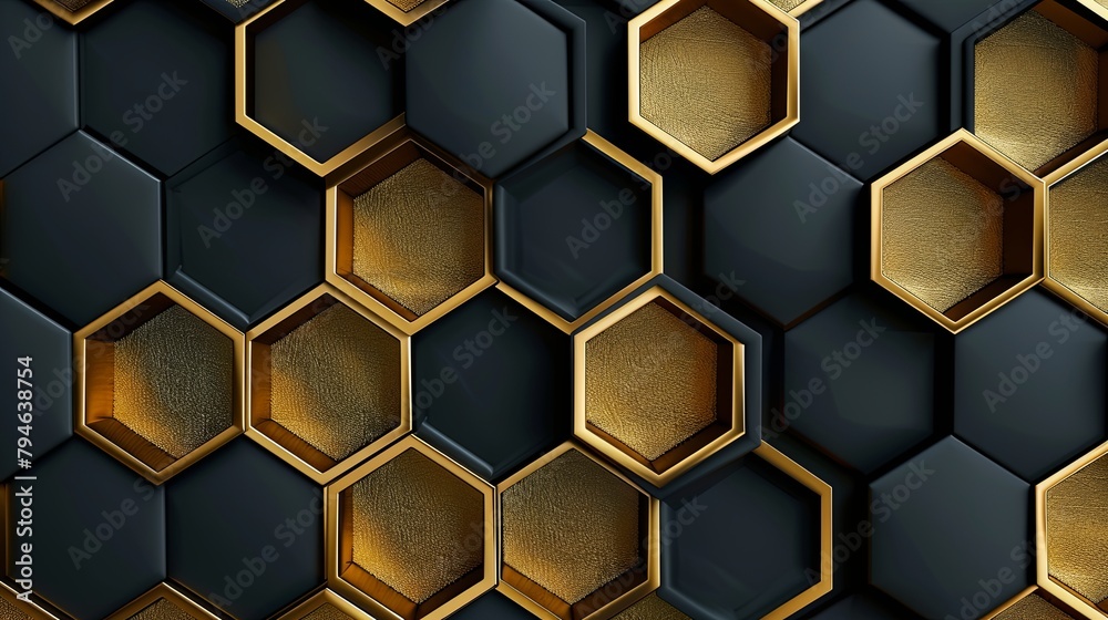 Luxurious Gold-Infused Hexagon Mosaic on a Sophisticated Black Luxurious Gold-Infused Hexagon Mosaic on a Sophisticated Black