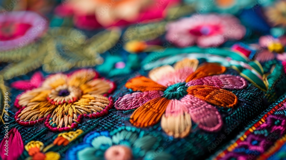 Close-Up Vibrant Handmade Embroidered Textile Displaying Multicolored Flowers, Detailed Stitchwork, Handcrafted Design, Suitable For Apparel And Home Decoration, AI Generated