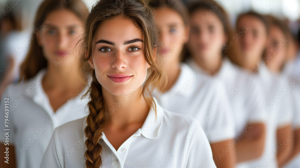 A group of young women are standing in a line, all wearing white shirts. work team concept A group of young women are standing in a line, all wearing white shirts. work team concept