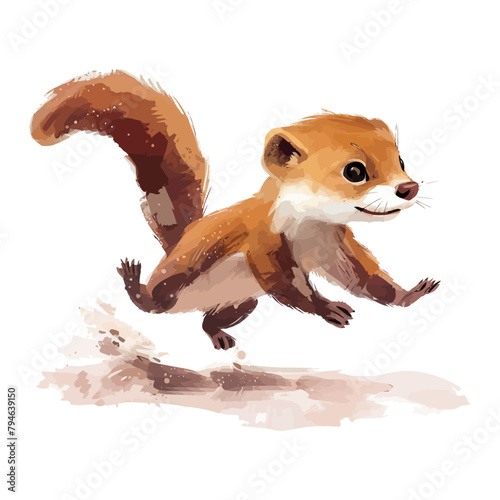 cute weasel cartoon running in watercolor painting style