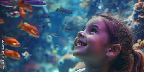 A young girl joyfully smiles while looking up at the vibrant fish swimming in an aquarium, capturing her awe and excitement