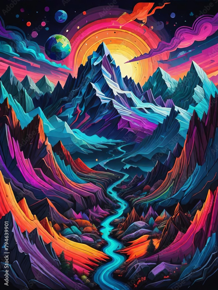 Creative illustration mountain with colorful triangles and chaotic geometric patterns against a beige background