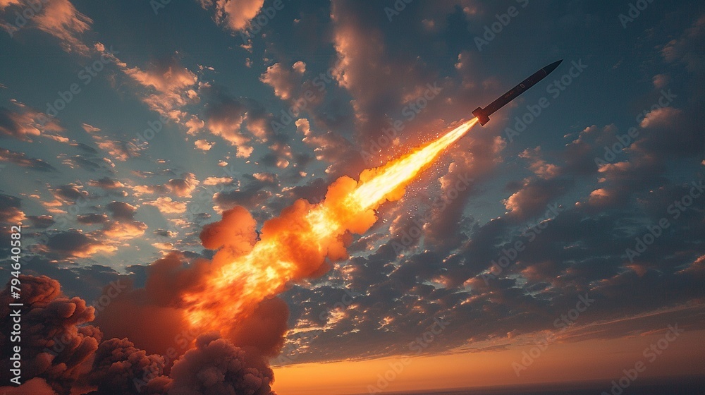 Fototapeta premium A cruise missile in the air. Missile armament. Showing the power of weapons. Generative AI
