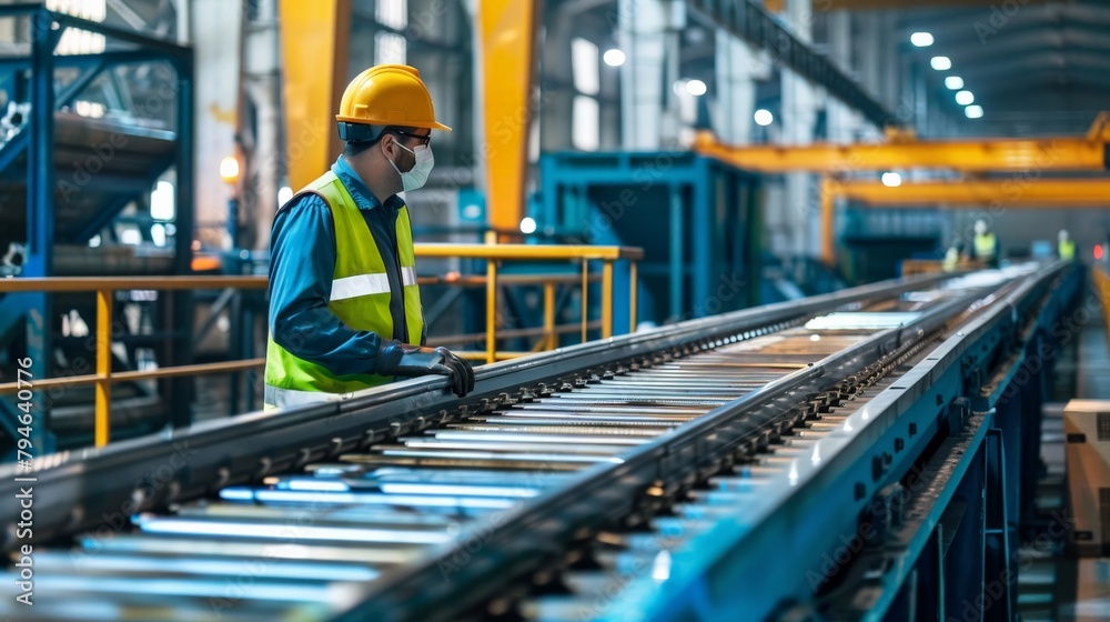 Conveyor belt operator managing production flow in factory