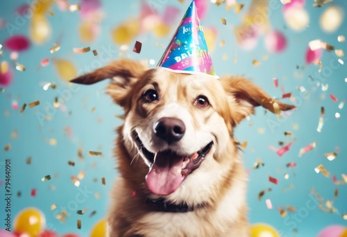 'wearing confetti dog smiling Happy birthday flying hat confetti. concept animal pet terrier puppy cute white jack canino isolated portrait funny russell'