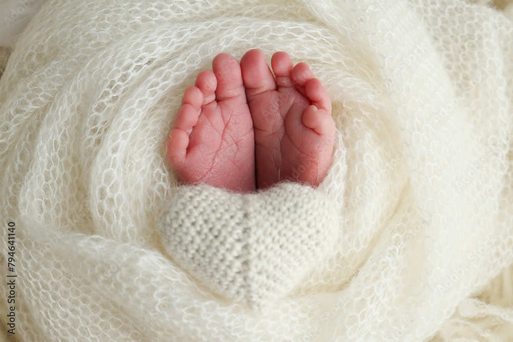 The tiny foot of a newborn baby. Soft feet of a new born in a wool white blanket. Close up of toes, heels and feet of a newborn. Macro photography. The tiny foot of a newborn baby. Soft feet of a new born in a wool white blanket. Close up of toes, heels and feet of a newborn. Macro photography.