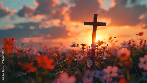 A wooden cross in the center of an open field, surrounded by blooming flowers under a beautiful sunset sky photo