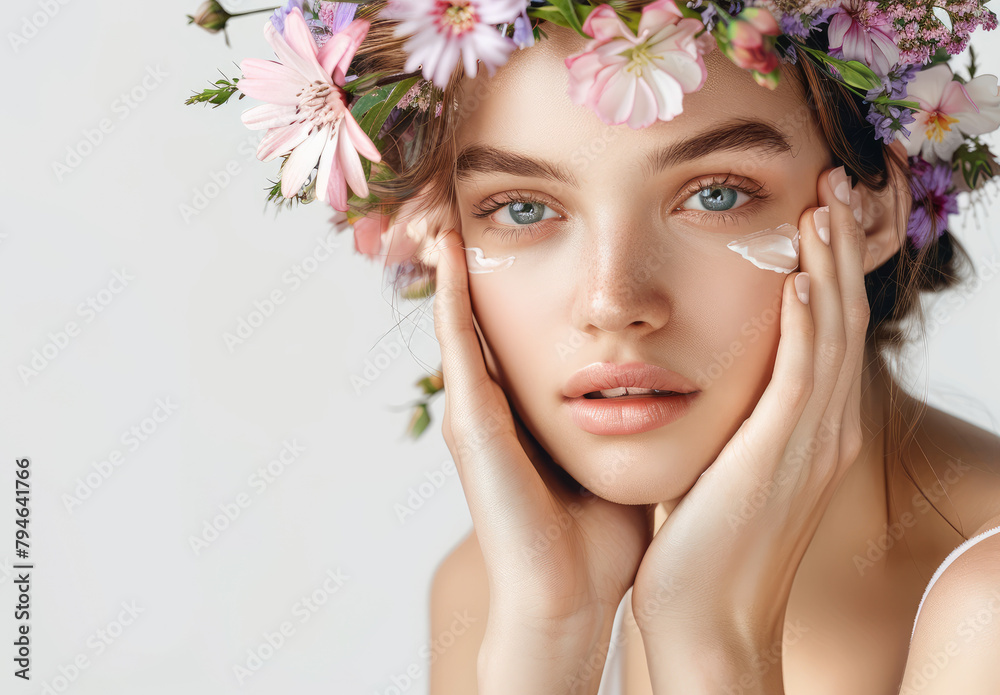 Beautiful young woman with flowers in her hair touching her face, posing on a white background looking at the camera, skin care concept