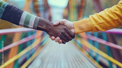 Handshake Bridge, two hands from different cultures shaking in the middle of a bridge © Hifzhan Graphics