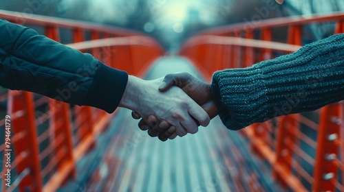 Handshake Bridge, two hands from different cultures shaking in the middle of a bridge