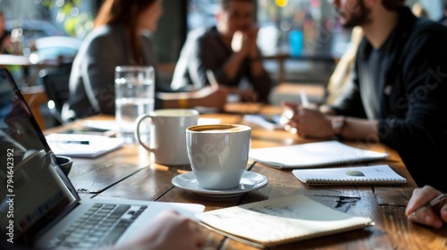Coffee Shop Meeting, a diverse group of business professionals engaged in a conversation at a coffee shop table