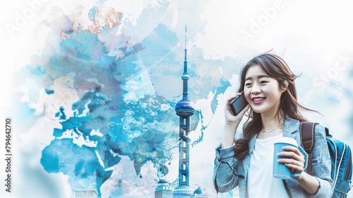 Global Networker, A young woman speaks animatedly on a phone while holding a travel mug photo