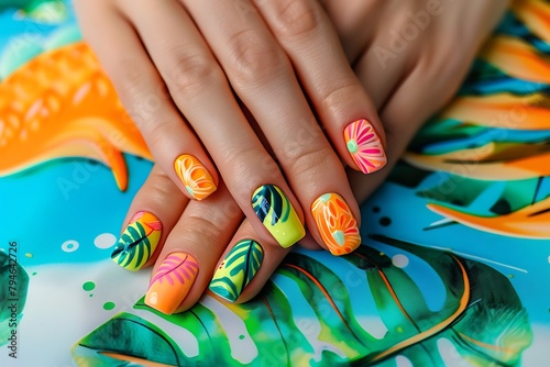 A vibrant and colorful summer-themed manicure with tropical leaves  palm trees  or sun motifs painted on the nails of an elegant hand
