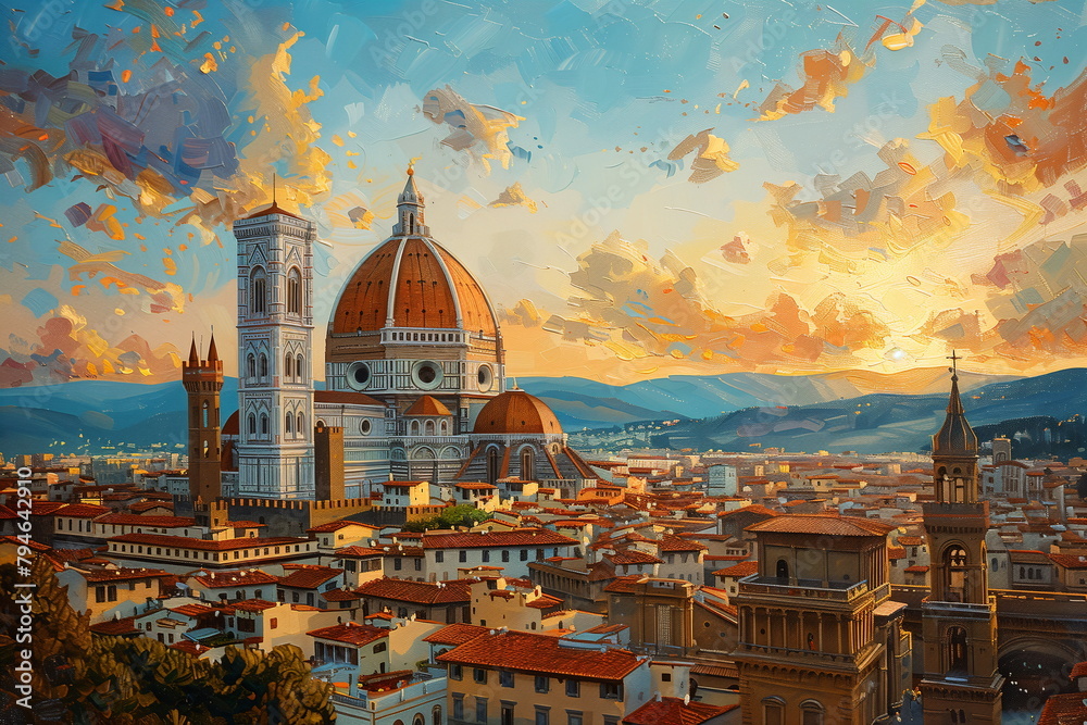 Fototapeta premium Florence italy, brunelleschi dome, at golden hour, oil painting - Generative AI