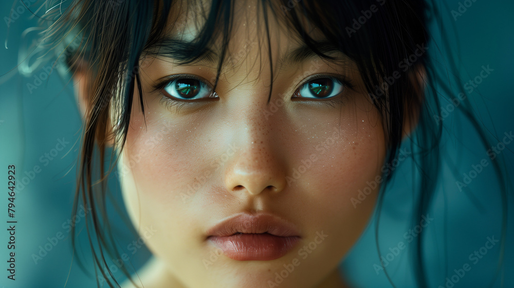 Close-up of a young Japanese woman with a serene expression. Close-up of a young Japanese woman with a serene expression.