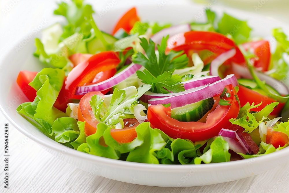 Close-up of fresh vegetable salad with green, red and purple vegetables in white bowl. Generative AI Close-up of fresh vegetable salad with green, red and purple vegetables in white bowl. Generative AI