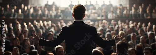 This is a back view of a man in a suit giving a speech while raising both hands and gesturing in front of a crowded conference hall audience. Generative AI photo