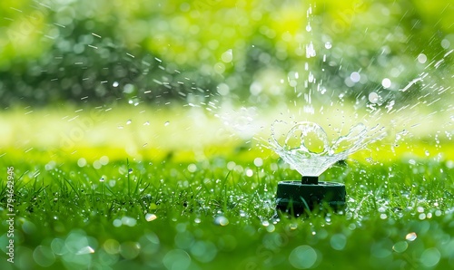 A sprinkler spraying water on the grass, taken from above with a blurred green background