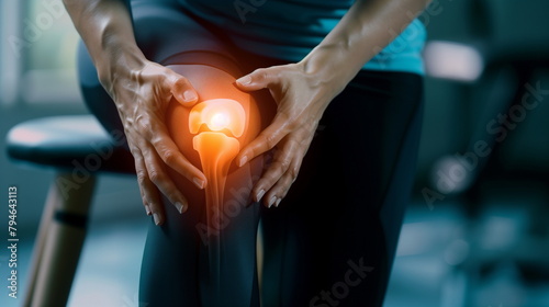 Close-up of touching a pain area that shines in the shape of a bone in the knee joint with both hands. Specific expressions for knee pain. Knee joint injuries, inflammation, arthritis. Generating AI