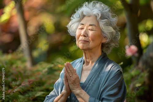 An elderly Japanese woman with silver hair, wearing blue and gray in the garden doing yoga, eyes closed, hands clasped together, meditating