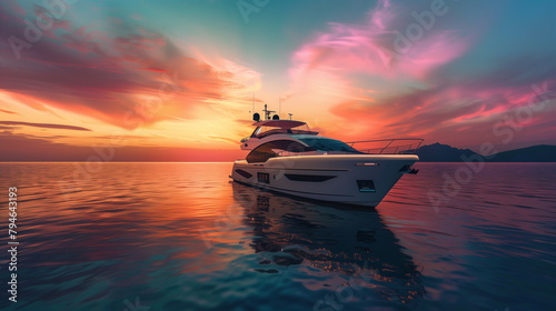 An image of a luxury yacht floating on the sea with a golden sunset. Romantic and peaceful atmosphere, luxury and relaxation concept. © seogi
