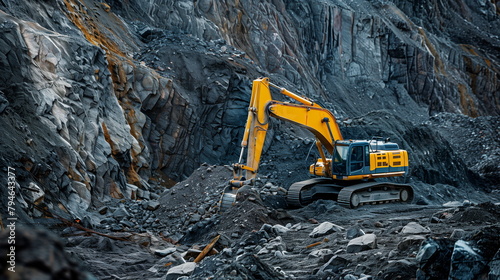 A one yellow construction excavator working in a rock quarry. Industrial machinery, heavy equipment. Generative AI