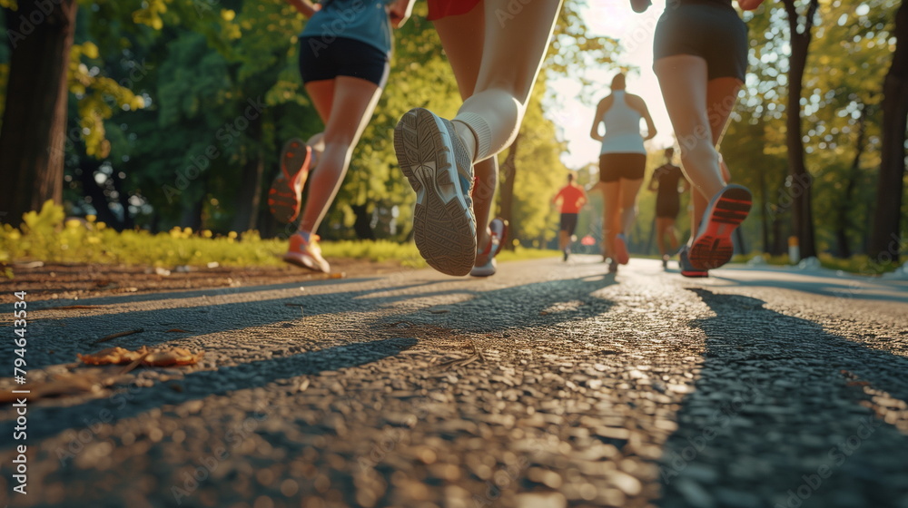 The back of people running on an asphalt road with dense trees. Close-up of feet and road. Low angle shot. athletes, marathoners, runners, sports concopt. Generative AI