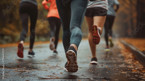The back of people running on a wet asphalt road on a cloudy autumn day with fallen leaves. Close up of feet and road. Low angle shot. Athlete, marathon, runners, sports, running groups. Generating AI