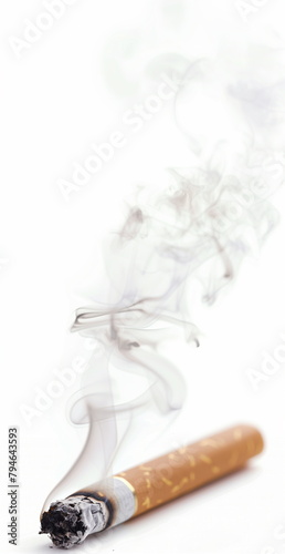 A close-up of a one cigarette butt with smoke rising. Isolated on white background. smoking, quit smoking, health. Generative AI