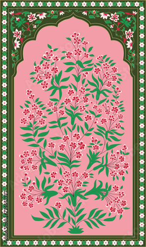 Indian floral ornament. Mughal floral traditional ornament with arch and motif borders. Floral Wall Art Wall Frame illustrations.