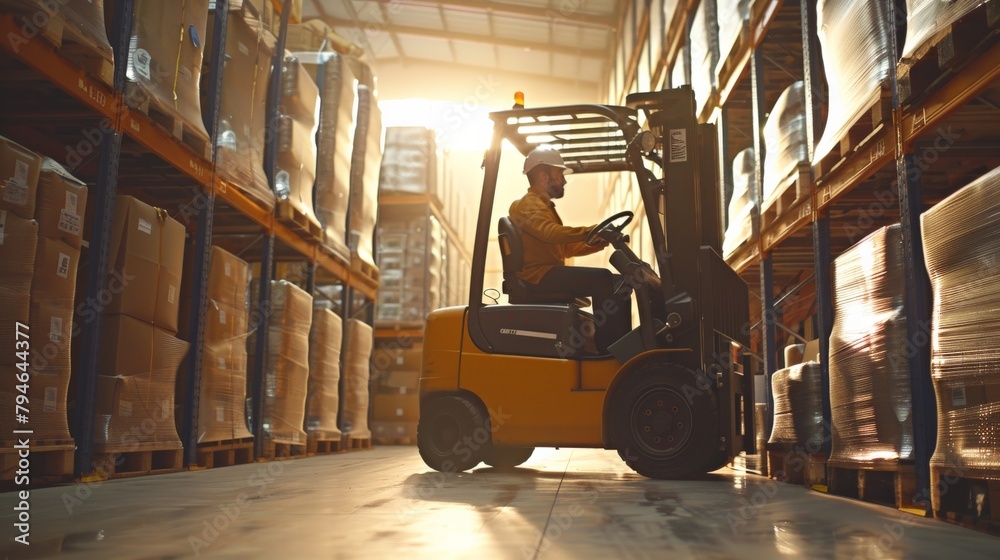 Forklift operators transporting goods in a warehouse