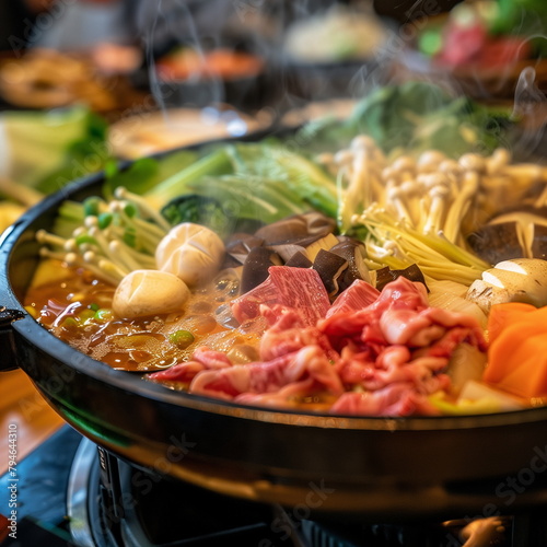 Shabu-shabu dish, sukiyaki, beef, king oyster mushrooms, enoki mushroom, shiitake mushroom, cabbage, bok choy - Generative AI photo