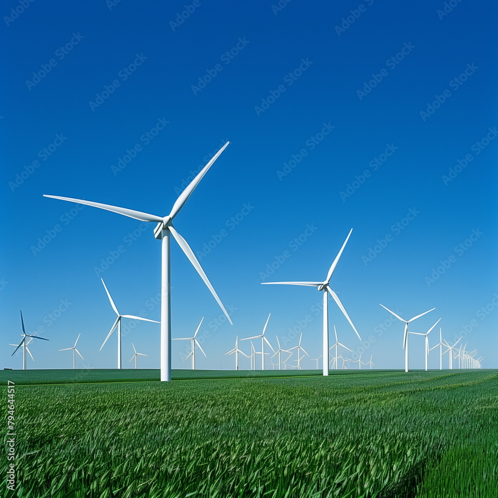 Under a cloudless blue sky, several wind turbines generating renewable energy stand in neat patterns on lush green lawns. Wind power plants, environmental campaigns, renewable energy. Generative AI Under a cloudless blue sky, several wind turbines generating renewable energy stand in neat patterns on lush green lawns. Wind power plants, environmental campaigns, renewable energy. Generative AI