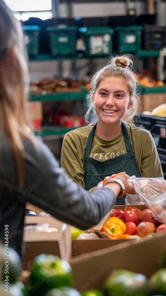 Community Advocate, A young woman volunteers at a local food bank, handing out groceries to a family with a warm smile