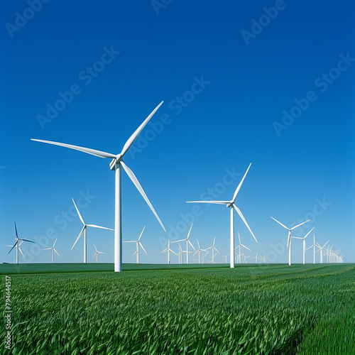 Under a cloudless blue sky, several wind turbines generating renewable energy stand in neat patterns on lush green lawns. Wind power plants, environmental campaigns, renewable energy. Generative AI
