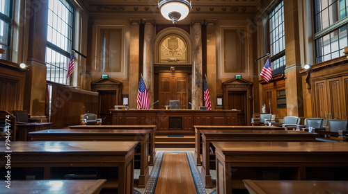 An empty courtroom in the United States(America) with no one. law, court, trial, judge. Front view. Generative AI