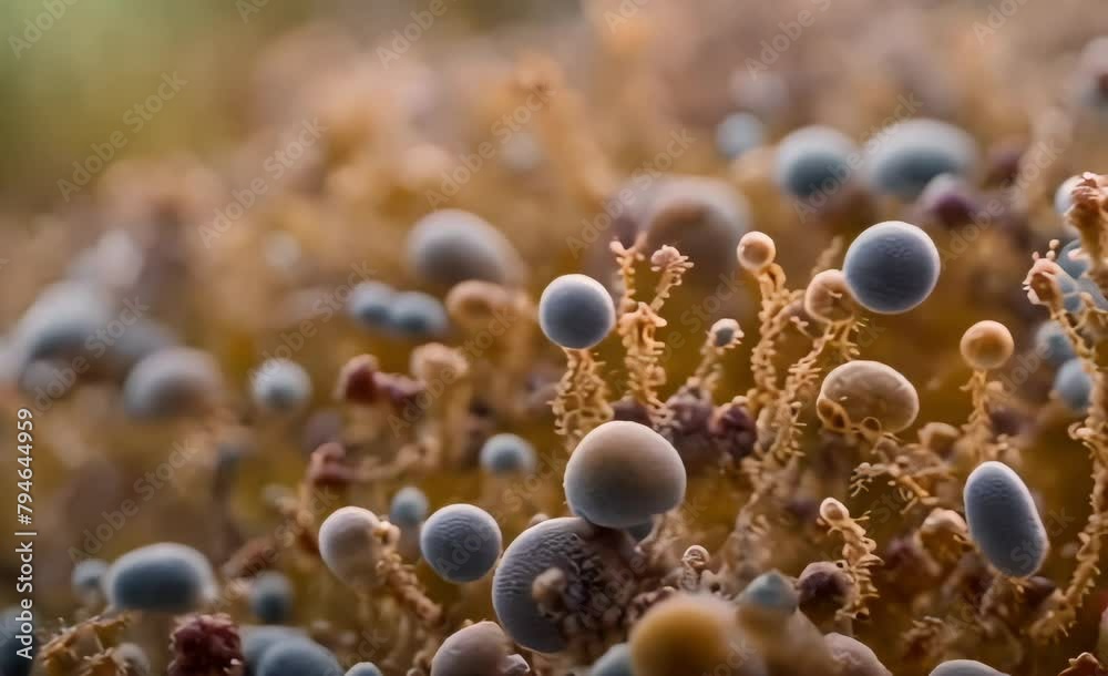 A close-up image capturing the intricate details of various types of microscopic organisms including fungi and bacteria A close-up image capturing the intricate details of various types of microscopic organisms including fungi and bacteria