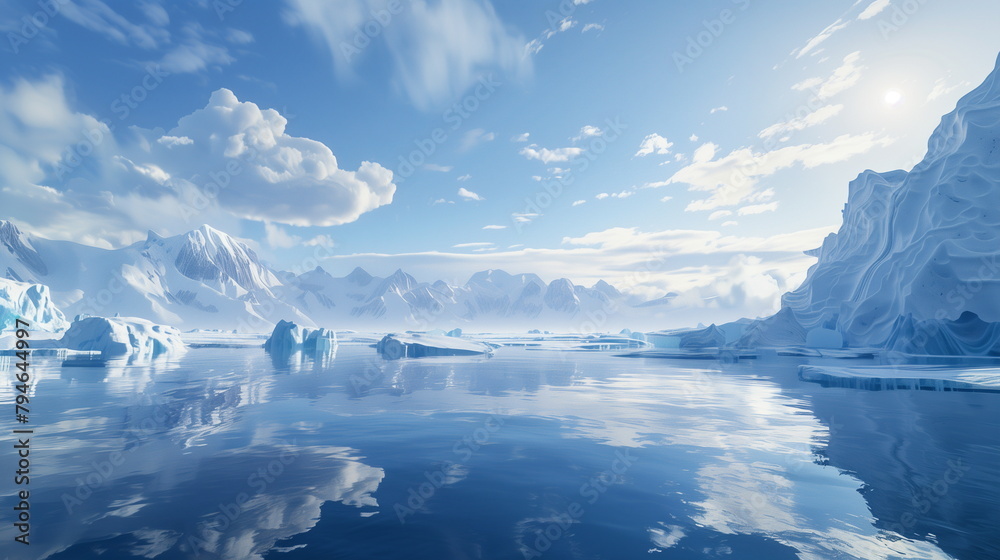 Obraz premium A beautiful landscape of the Arctic or Antarctic Ocean with magnificent ice walls, icebergs, glaciers and ice sculptures floating on a bright sunny day.