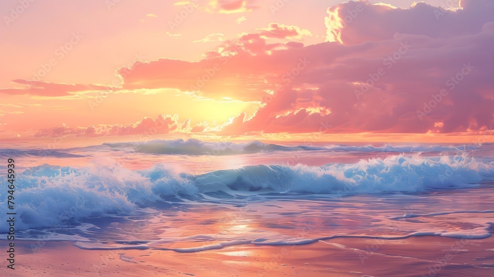  Gentle waves serenade the sandy coast as the sun bids farewell, painting the sky with hues of orange and pink. 
