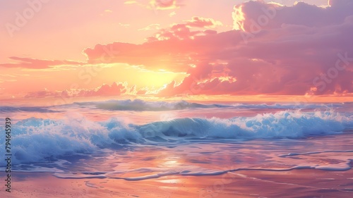  Gentle waves serenade the sandy coast as the sun bids farewell, painting the sky with hues of orange and pink. 
 photo