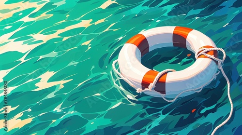 A white Lifebuoy floats on the water The rubber safety ring a round lifesaver with a rope attached symbolizes protection support and security This illustration represents essential safety e