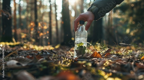 Close-up of a hand picking up a glass bottle in a forest photo