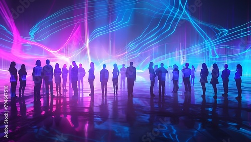 A group of business people standing in silhouette against an abstract background with neon blue and purple waves