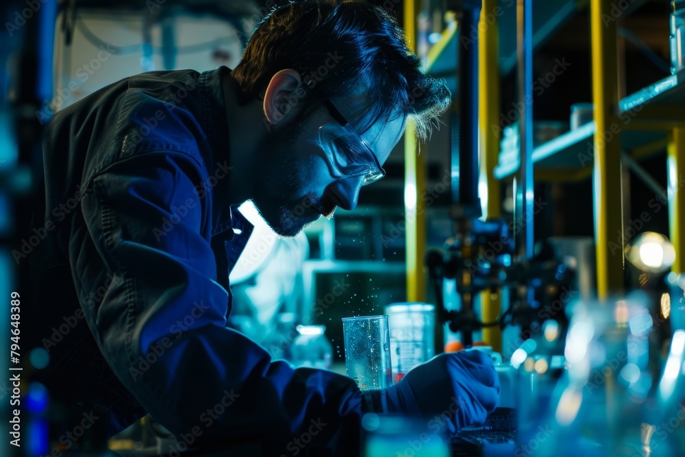 rofessional Photography of a scientist conducting experiments in a laboratory late at night, driven by a quest for discovery, Generative AI rofessional Photography of a scientist conducting experiments in a laboratory late at night, driven by a quest for discovery, Generative AI