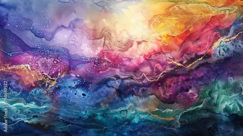 A painting portraying a rainbow colored substance flowing and blending together in vibrant hues