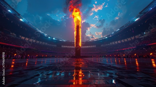 The Olympic torch is lit and young athletes in the center of an empty stadium on summer games. photo